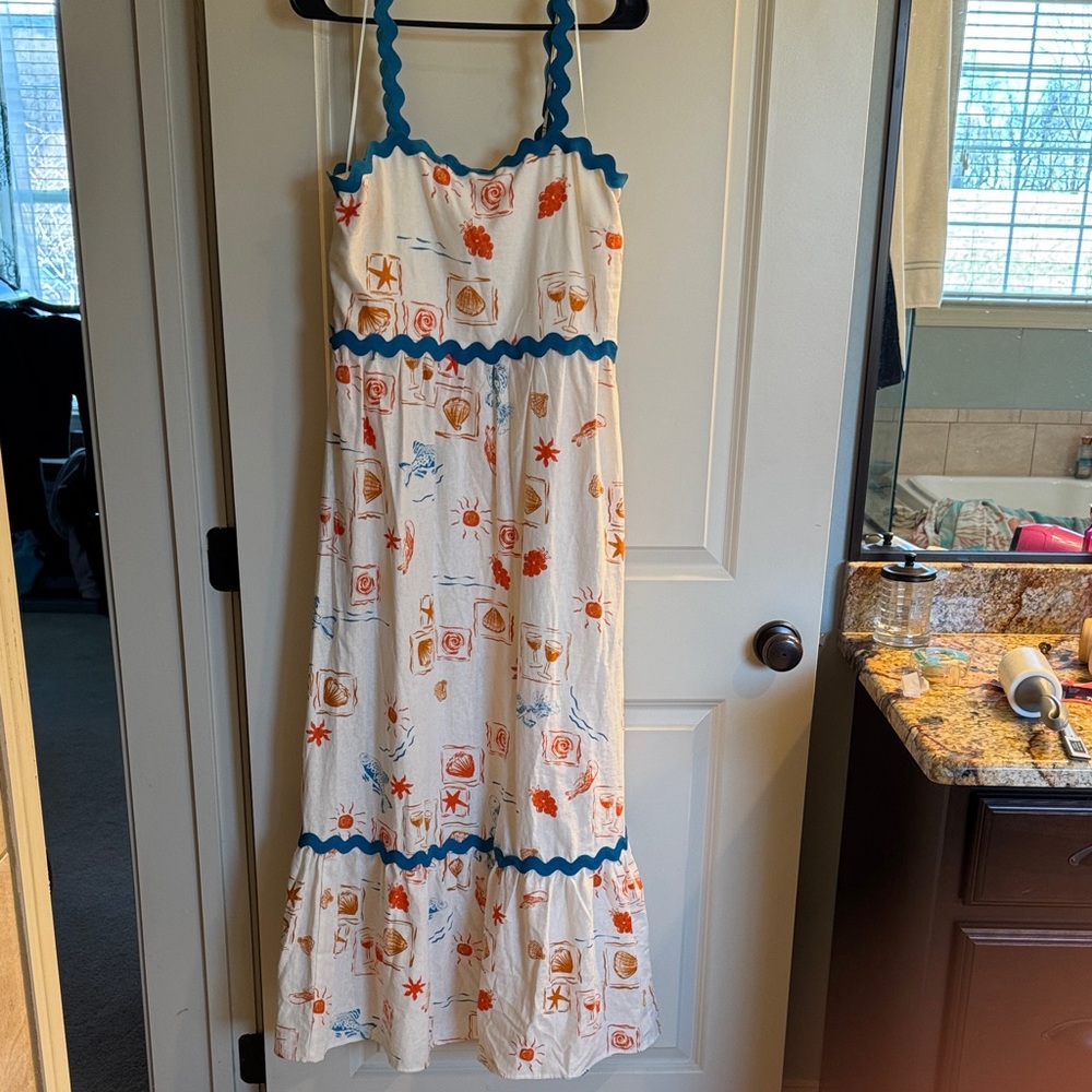 CeCe White Maxi Dress with Blue Trim and Orange Accents